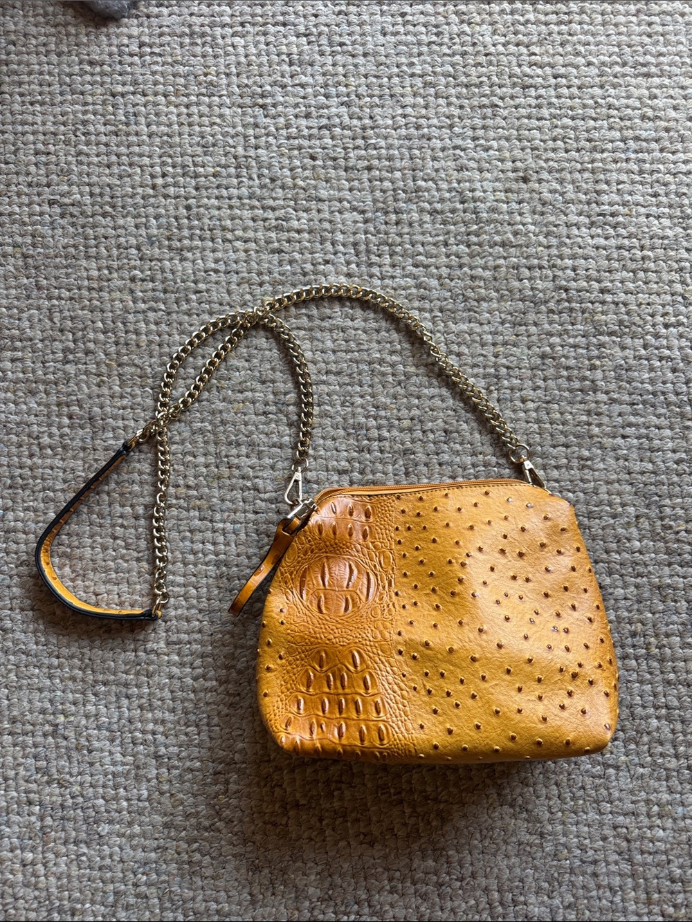 Yellow Ostrich-Embossed Chain Shoulder Bag